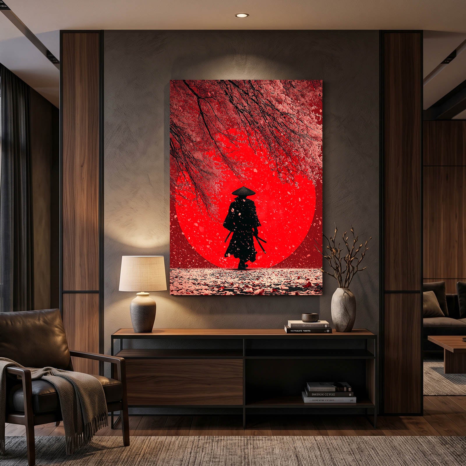 Red Snow Samurai Cherry Blossom Prints – styled in a furnished interior