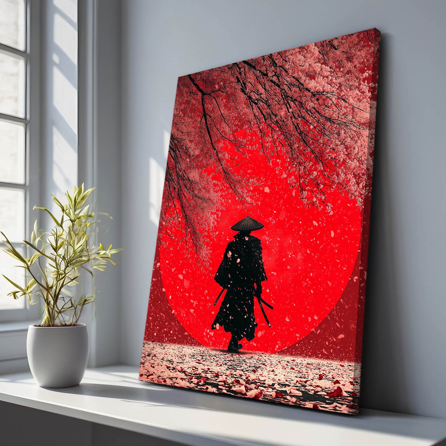 Red Snow Samurai Cherry Blossom Prints – styled in a furnished interior