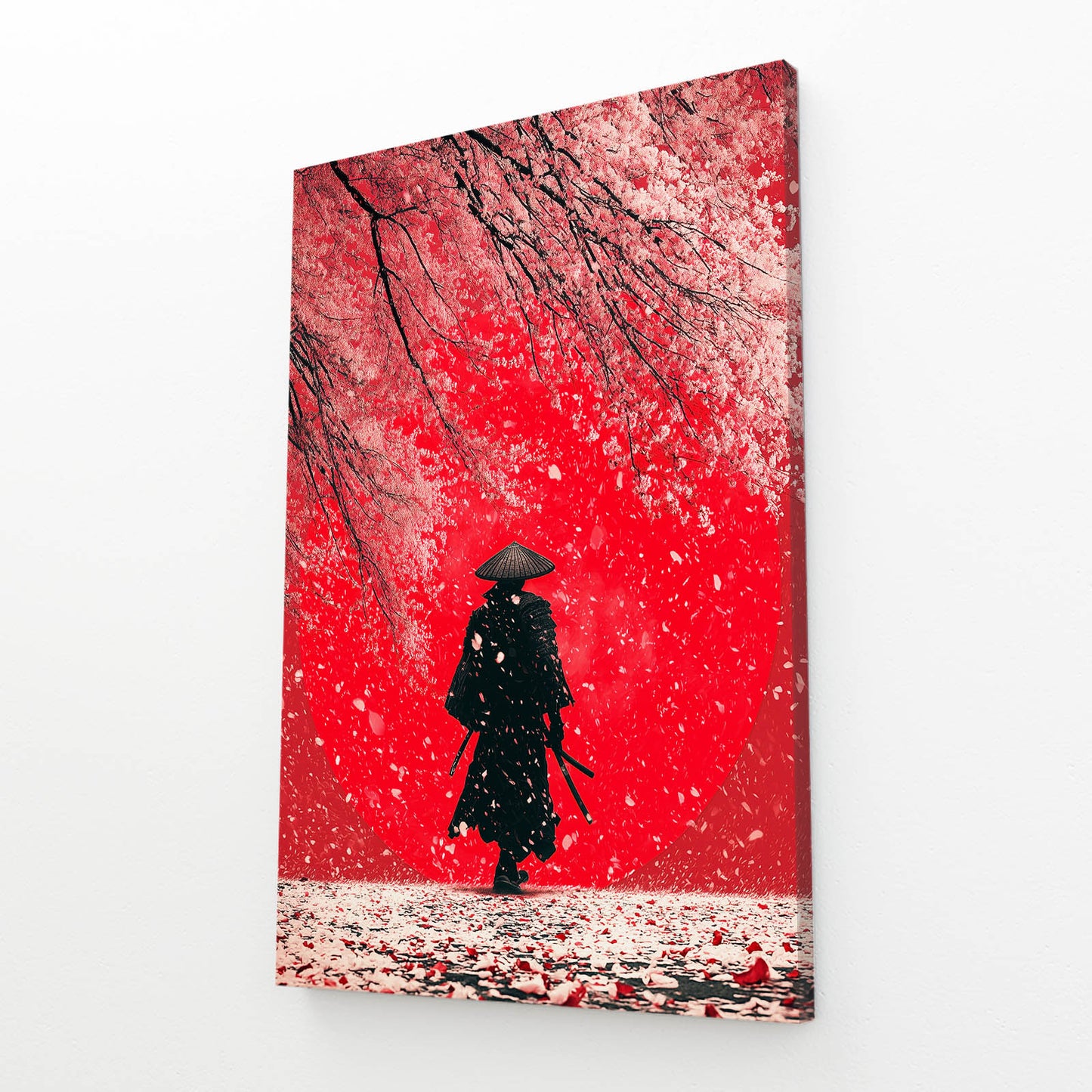 Red Snow Samurai Cherry Blossom Prints – angled canvas view on white background