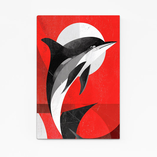 Red Sun Duo Dolphin Art – two black and white dolphins leaping before a bold red sun on red