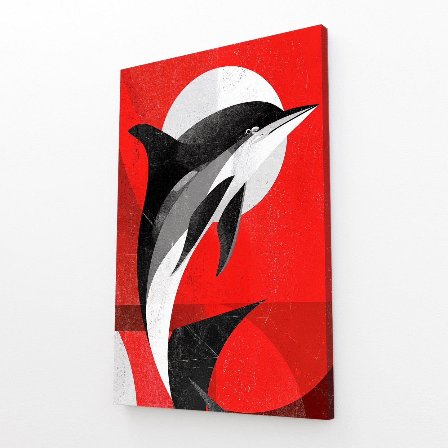 Red Sun Duo Dolphin Art – angled canvas view on white background