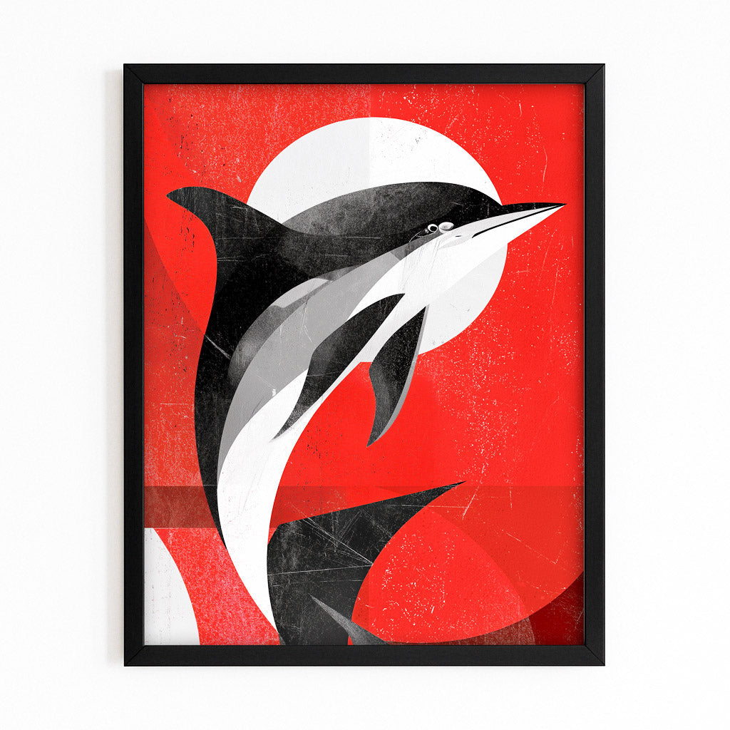 Red Sun Duo Dolphin Art – with Premium Black wood frame on white background