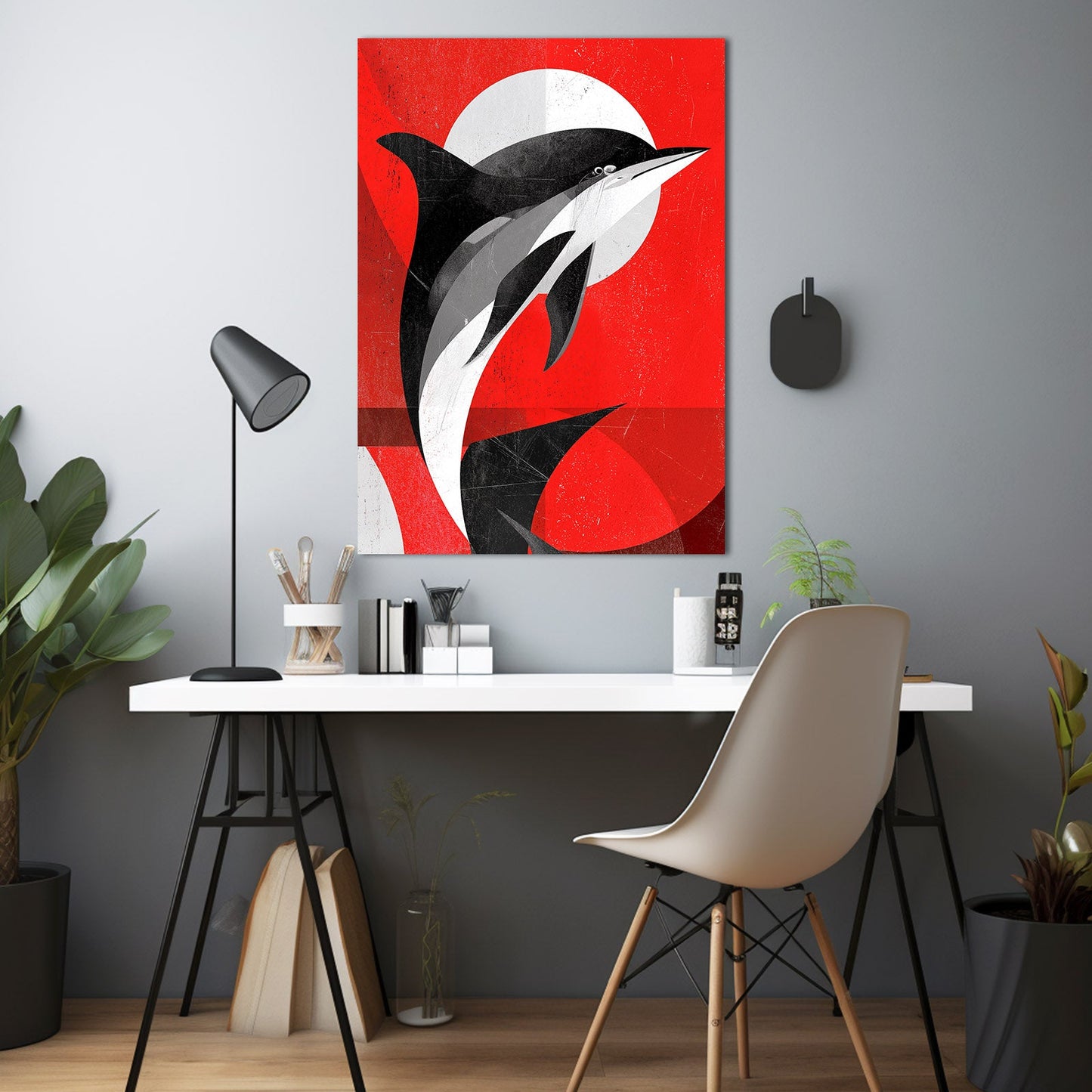 Red Sun Duo Dolphin Art – styled in a furnished interior