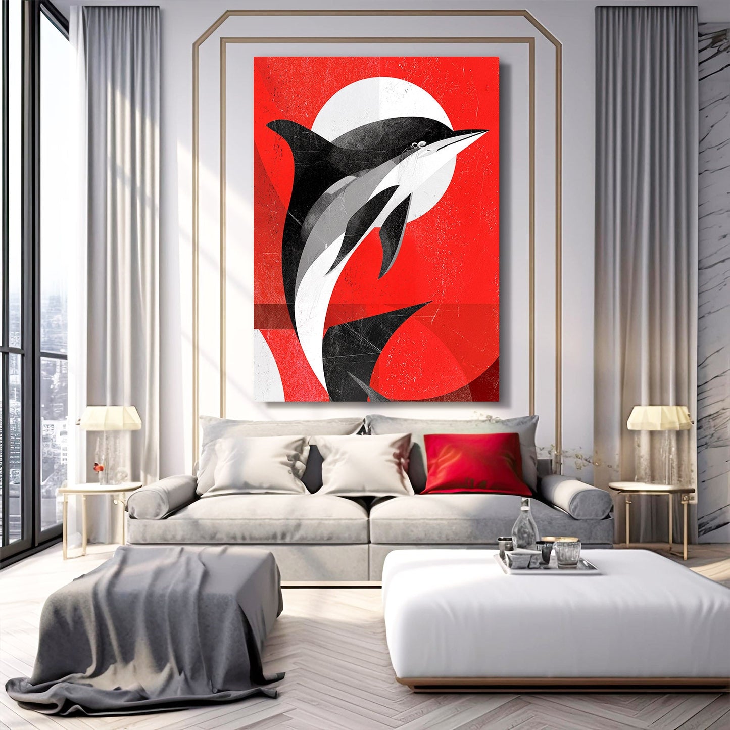 Red Sun Duo Dolphin Art – styled in a furnished interior