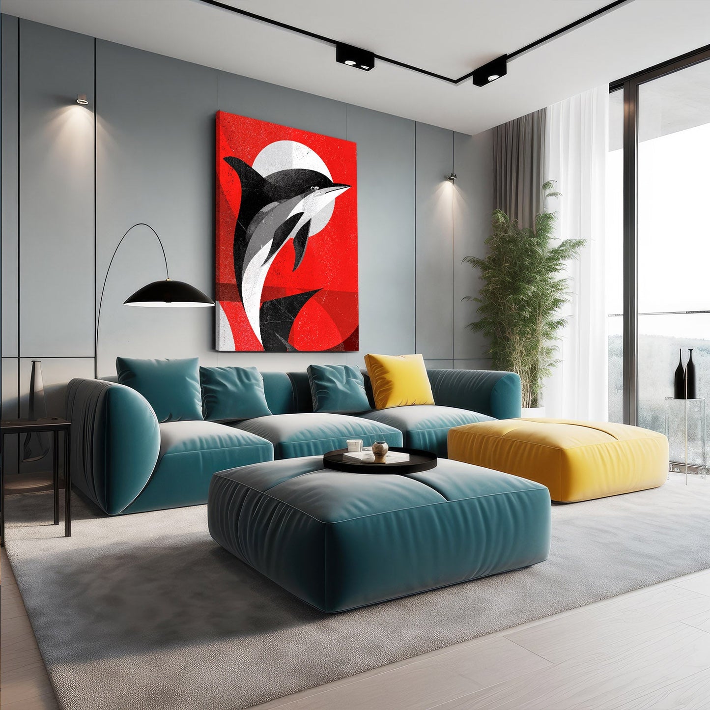 Red Sun Duo Dolphin Art – styled in a furnished interior