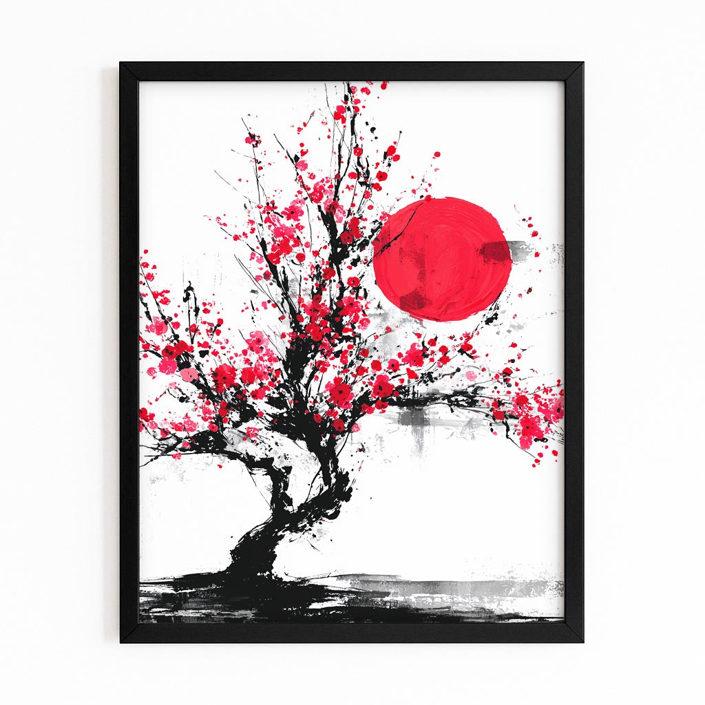 Red Sun Ink Tree Cherry Blossom Canvas Art – with Premium Black frame on white background