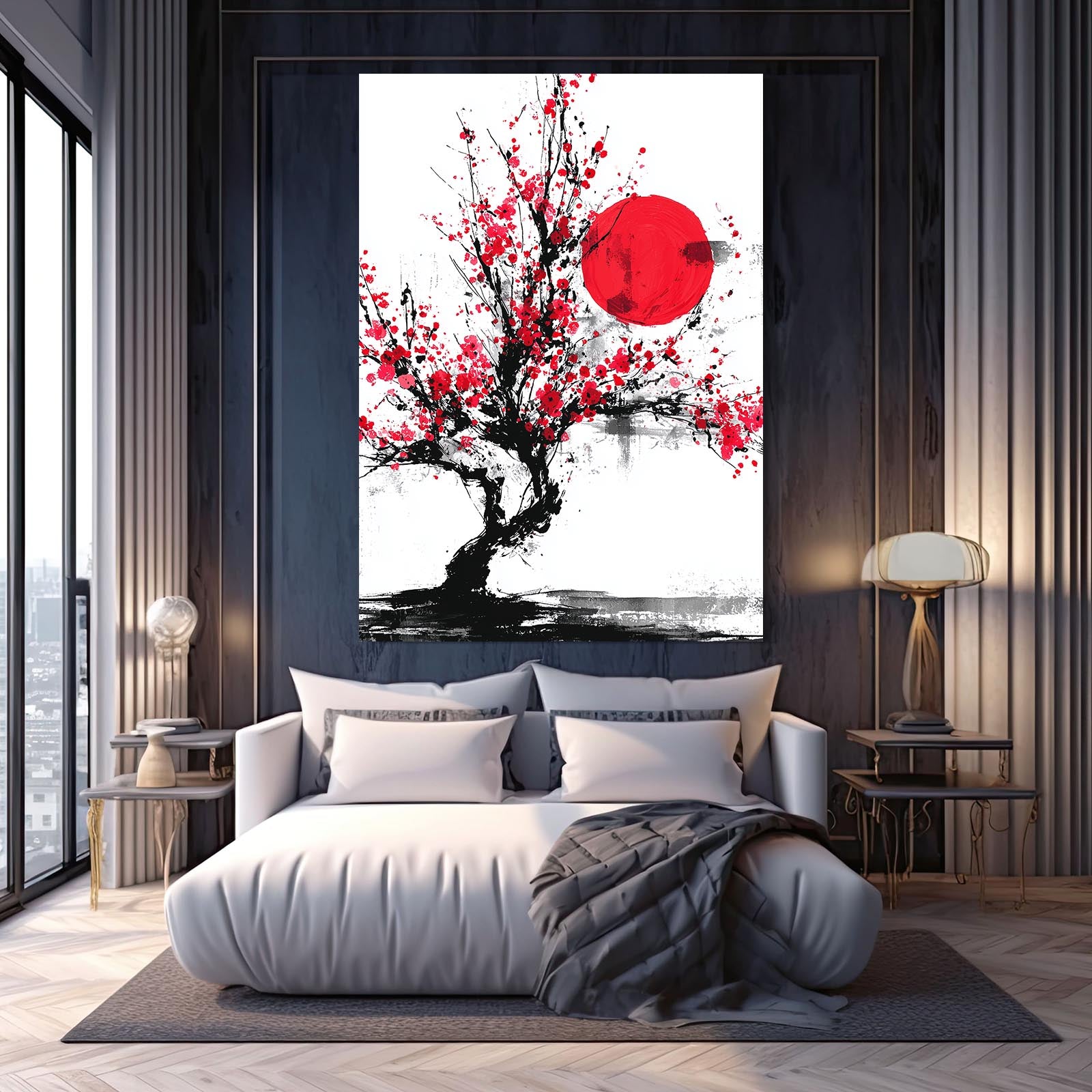 Red Sun Ink Tree Cherry Blossom Canvas Art – styled in a furnished interior