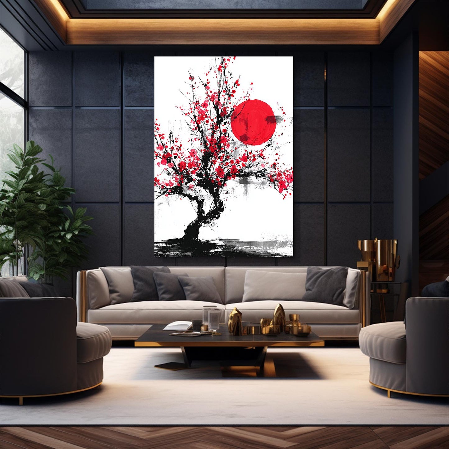 Red Sun Ink Tree Cherry Blossom Canvas Art – styled in a furnished interior