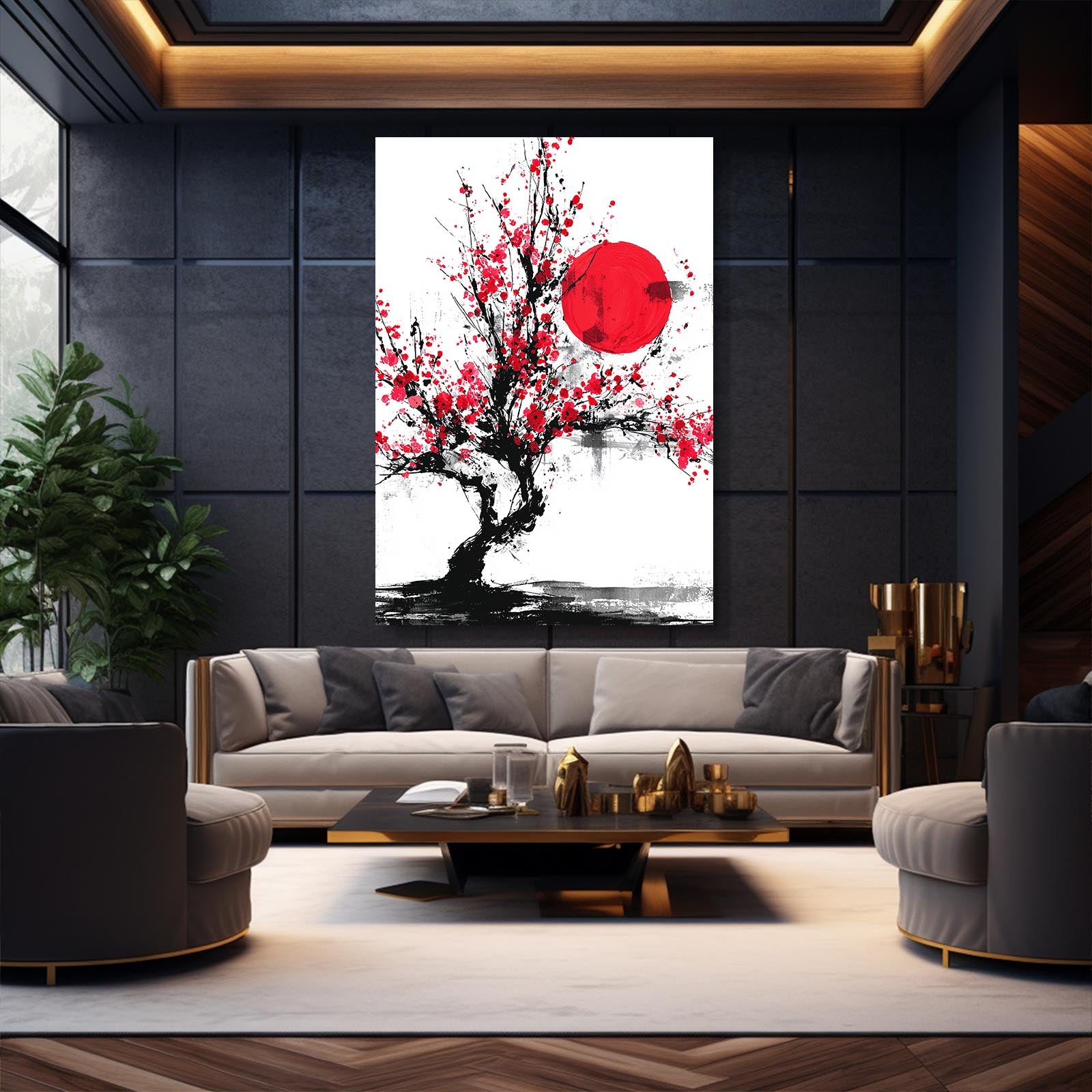 Red Sun Ink Tree Cherry Blossom Canvas Art – styled in a furnished interior