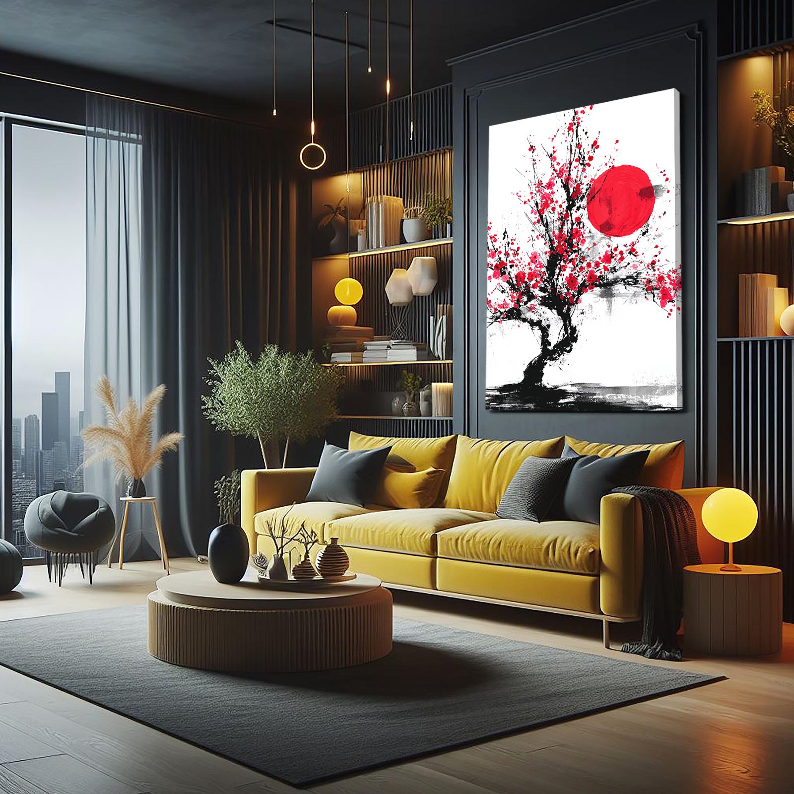 Red Sun Ink Tree Cherry Blossom Canvas Art – styled in a furnished interior