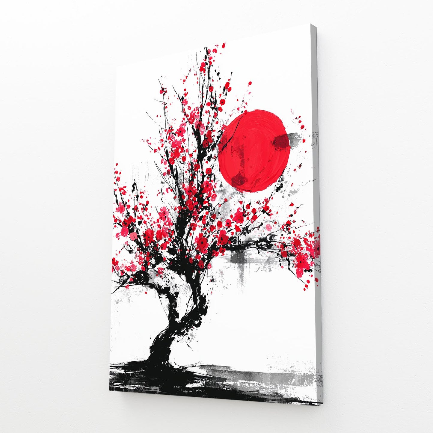 Red Sun Ink Tree Cherry Blossom Canvas Art – angled canvas view on white background