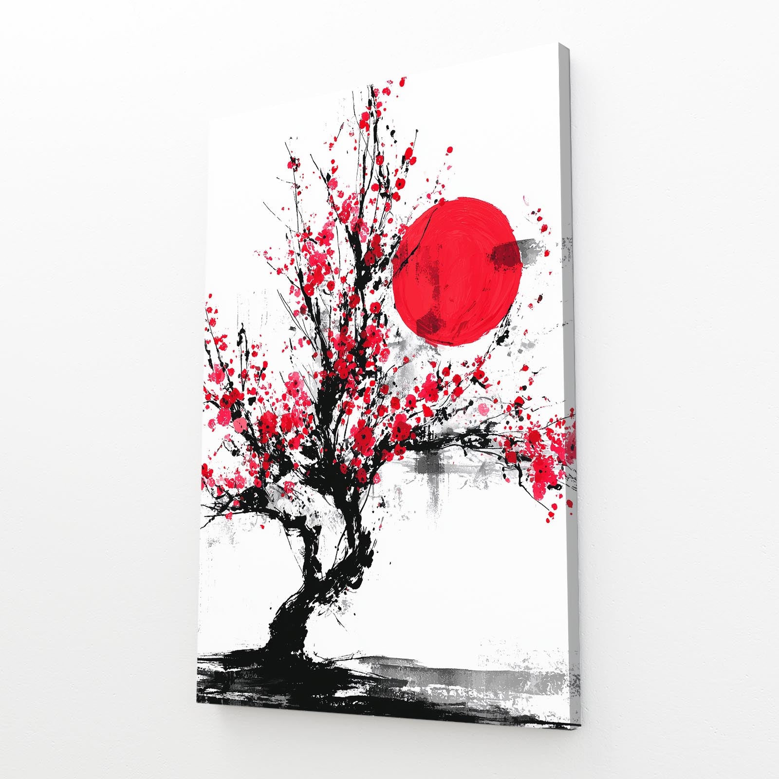 Red Sun Ink Tree Cherry Blossom Canvas Art – angled canvas view on white background