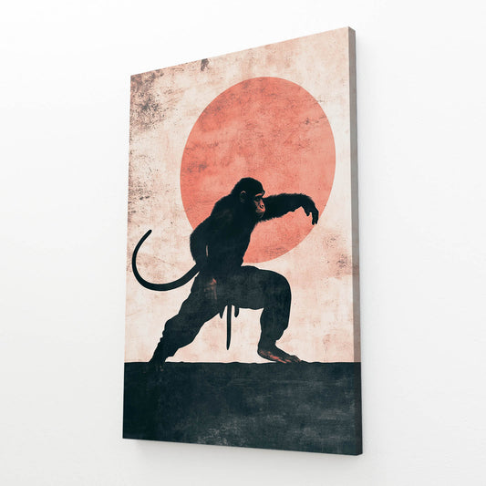 Red Sun Kung Fu Monkey Wall Art – angled canvas view on white background