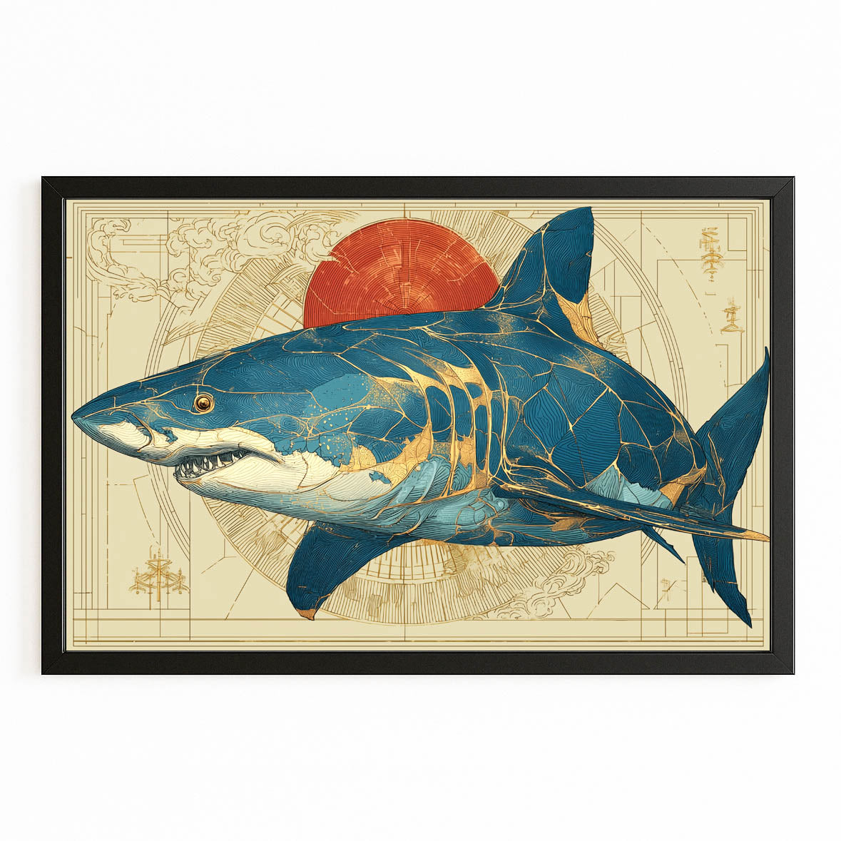 Red Sun Vintage Map Shark Canvas – with Premium Black frame on white background