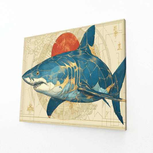 Red Sun Vintage Map Shark Canvas – angled canvas view on white background