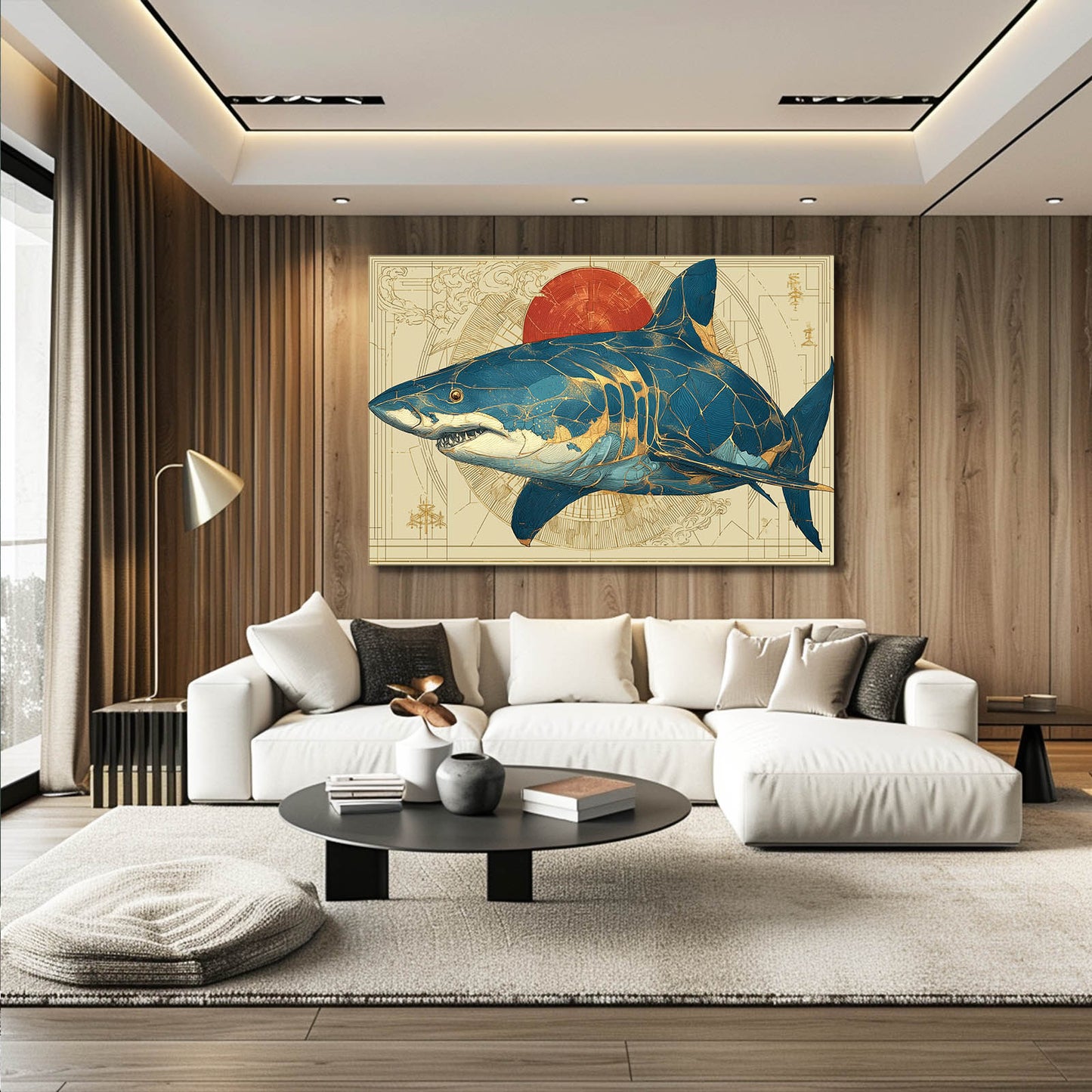 Red Sun Vintage Map Shark Canvas – styled in a furnished interior