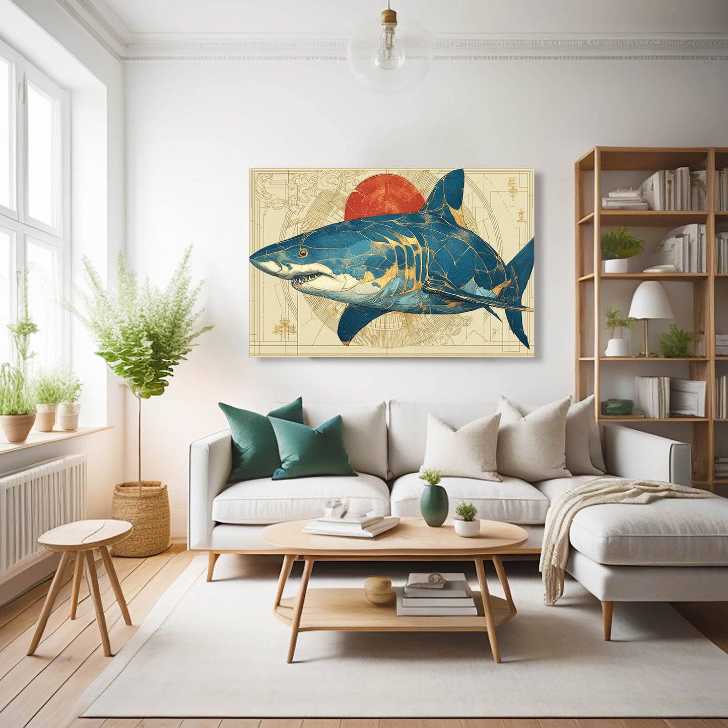 Red Sun Vintage Map Shark Canvas – styled in a furnished interior