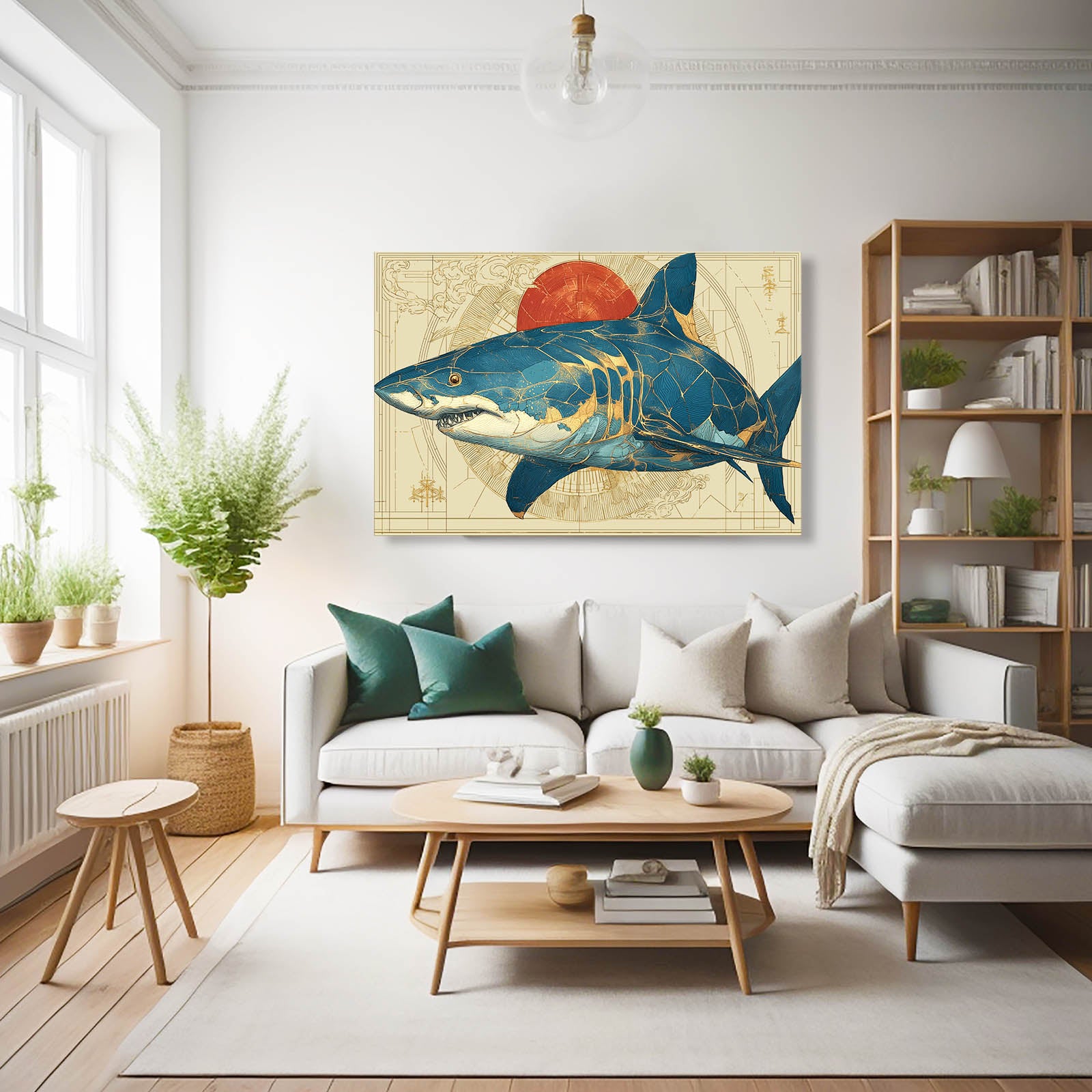 Red Sun Vintage Map Shark Canvas – styled in a furnished interior