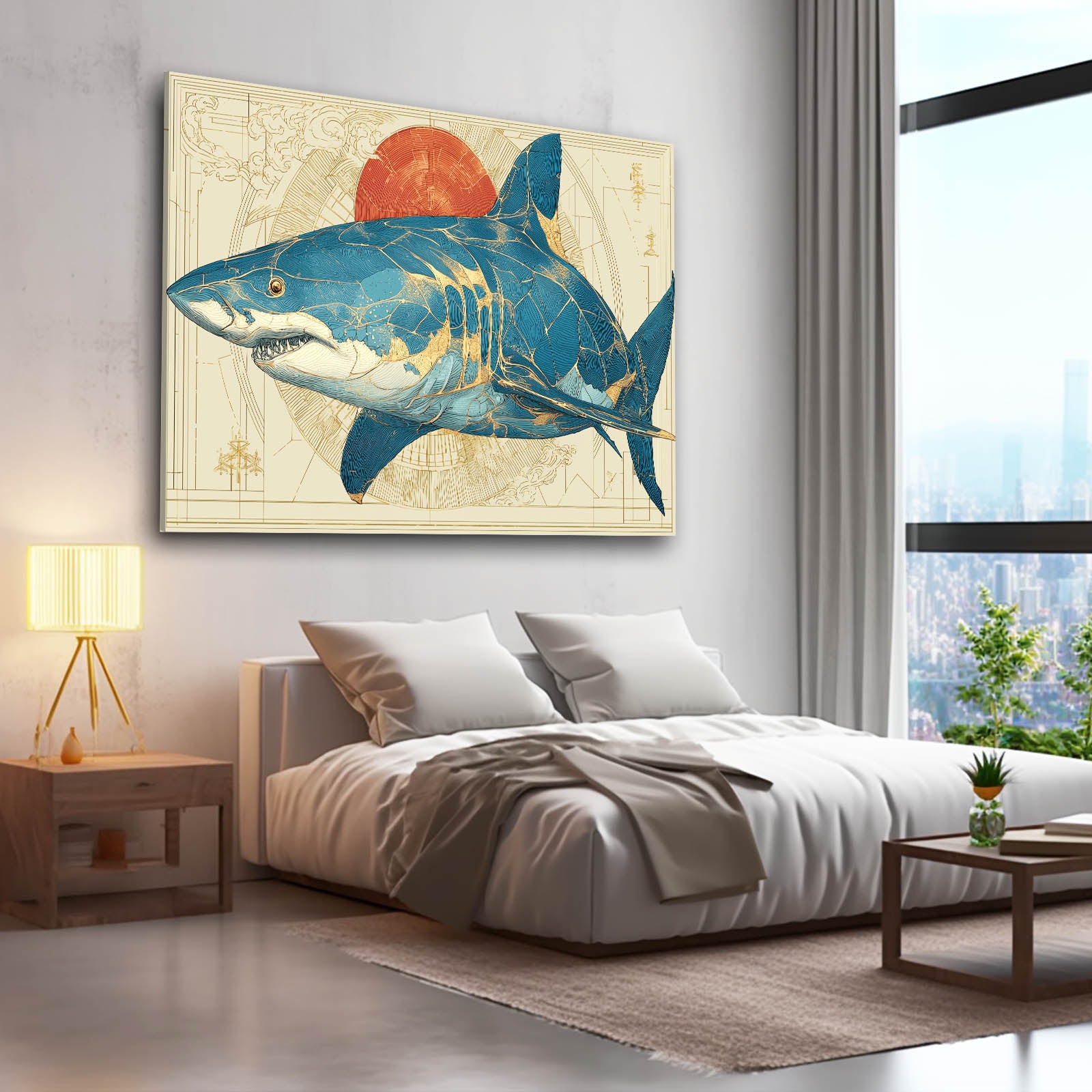 Red Sun Vintage Map Shark Canvas – styled in a furnished interior