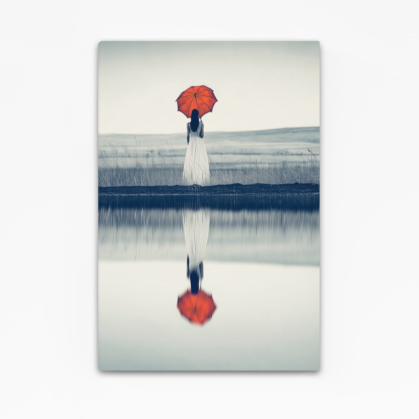 Red Umbrella Photography Canvas Prints – figure with a red umbrella mirrored on still water