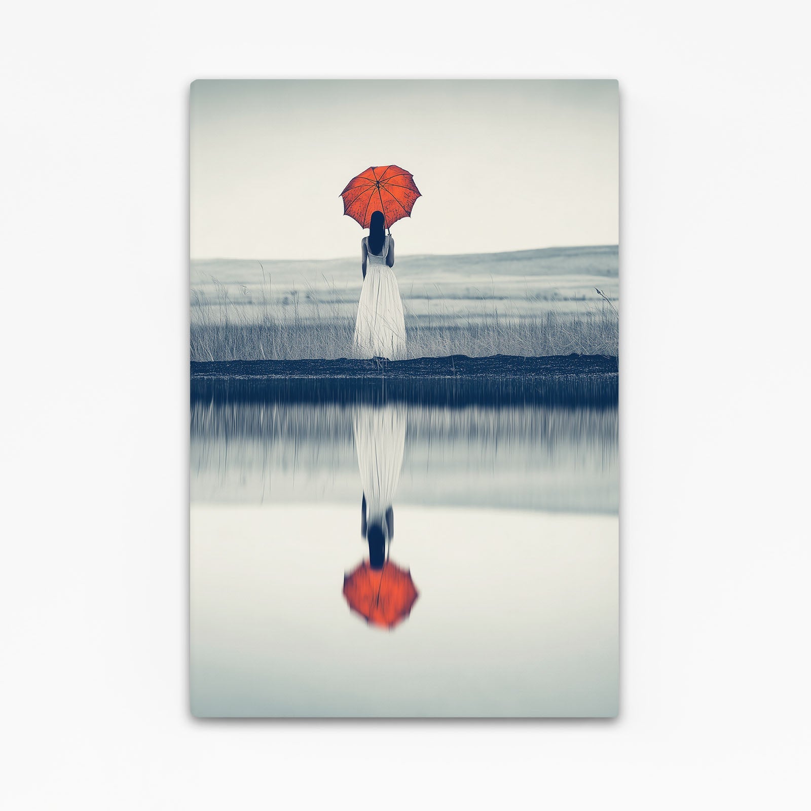 Red Umbrella Photography Canvas Prints – figure with a red umbrella mirrored on still water