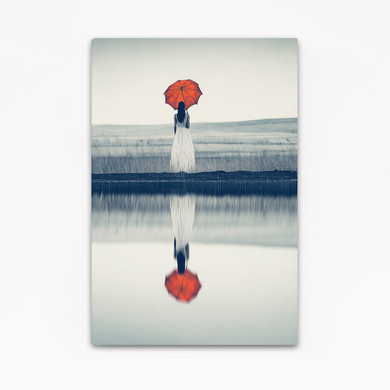 Red Umbrella Photography Canvas Prints – figure with a red umbrella mirrored on still water