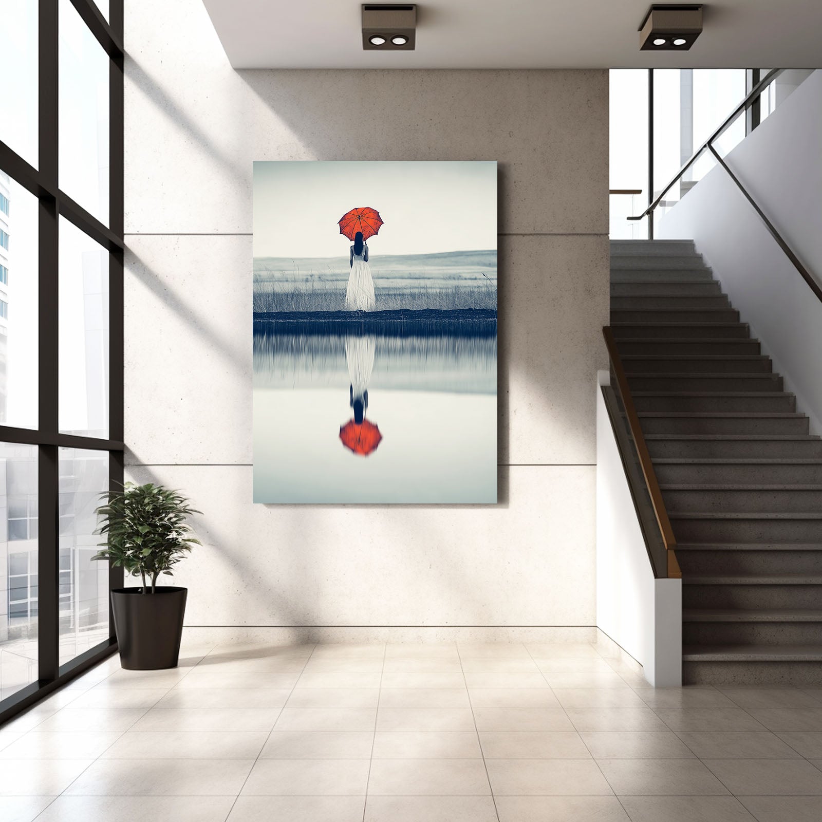 Red Umbrella Photography Canvas Prints – in a bright stairwell hall with black railing