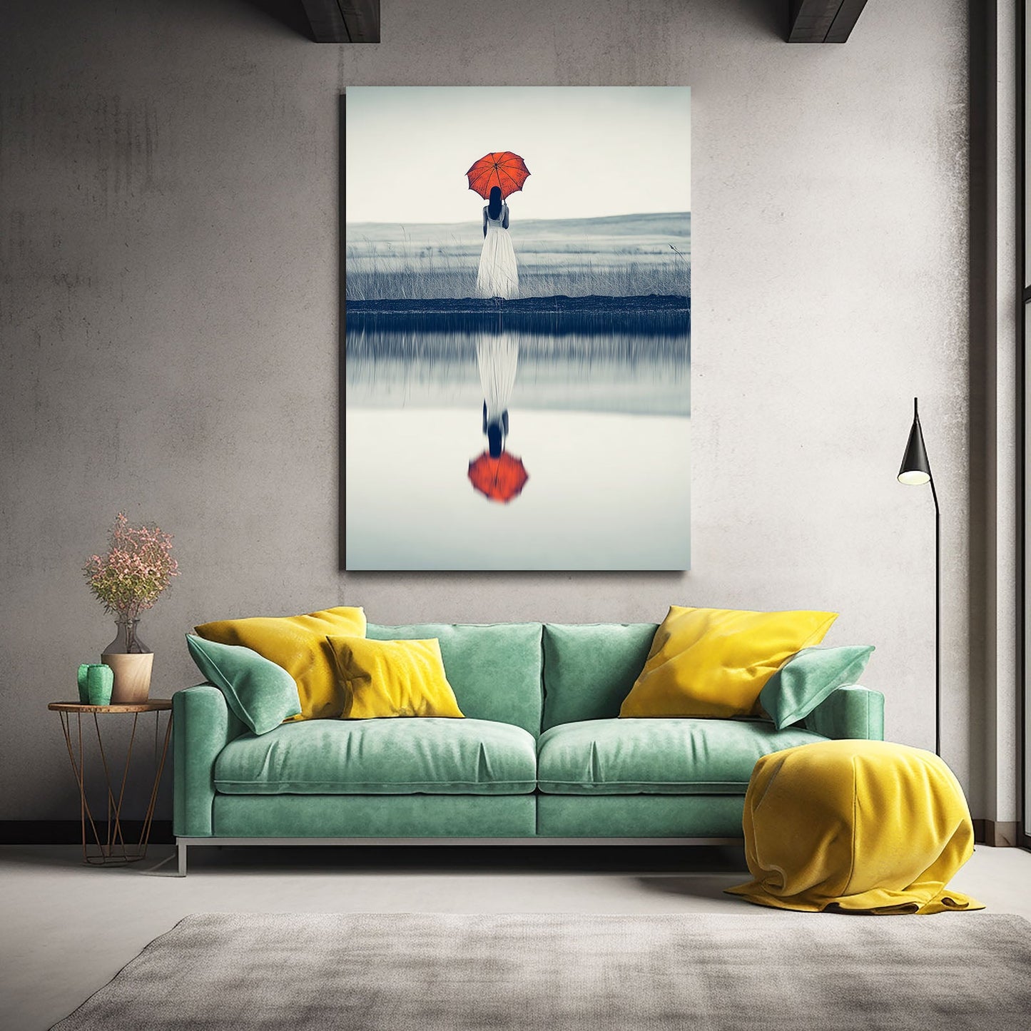 Red Umbrella Photography Canvas Prints – above a green sofa with yellow throw