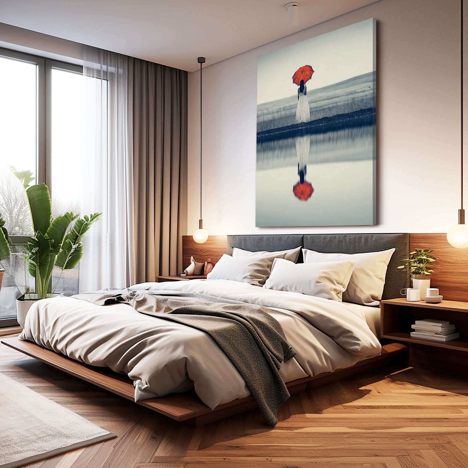 Red Umbrella Photography Canvas Prints – above a bed in a plant-filled bedroom