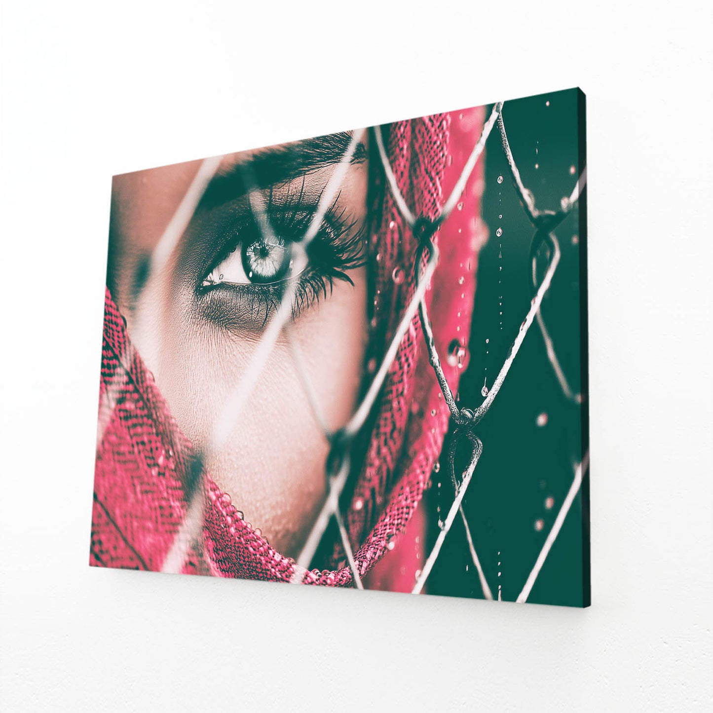 Red Veil Fence Portrait Photography Wall Art – angled canvas view on white background