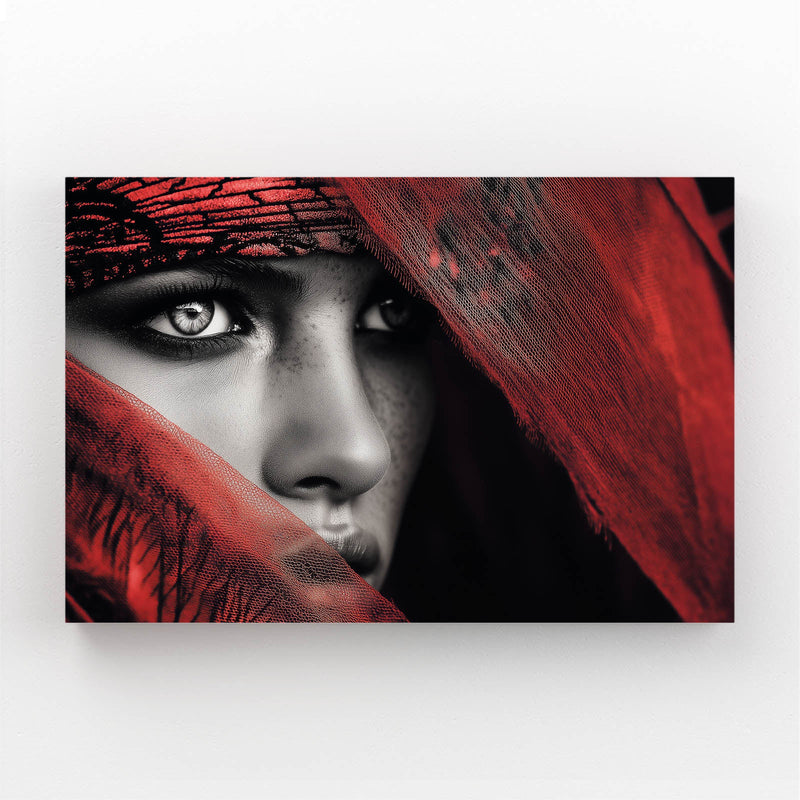 Red Veil Photography Wall Art – woman's blue eyes behind a flowing crimson veil