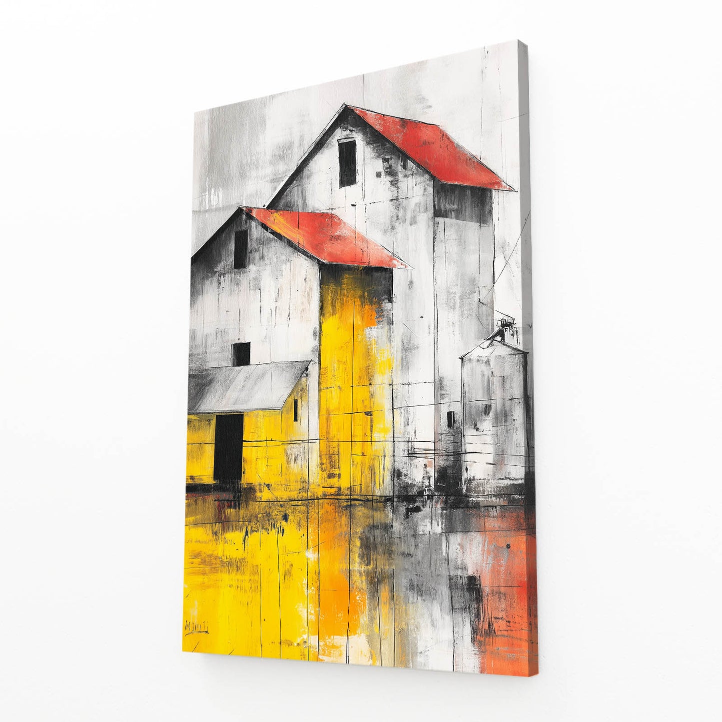 Red Yellow Barn Abstract Farmhouse Prints – angled canvas view on white background