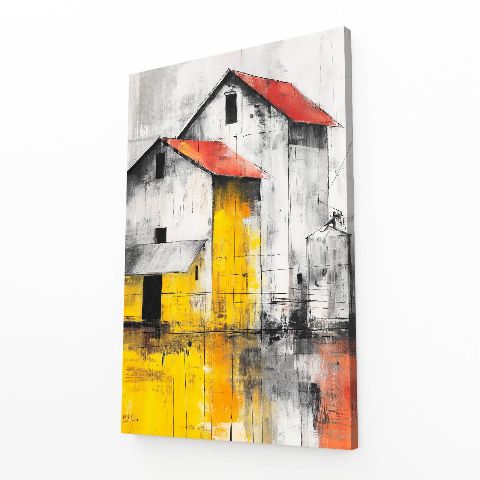Red Yellow Barn Abstract Farmhouse Prints – angled canvas view on white background