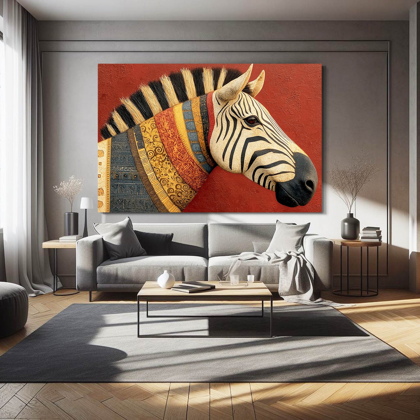 Red Zebra Artwork – styled in a furnished interior