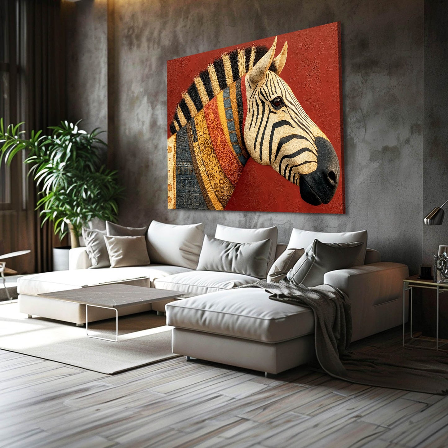 Red Zebra Artwork – styled in a furnished interior