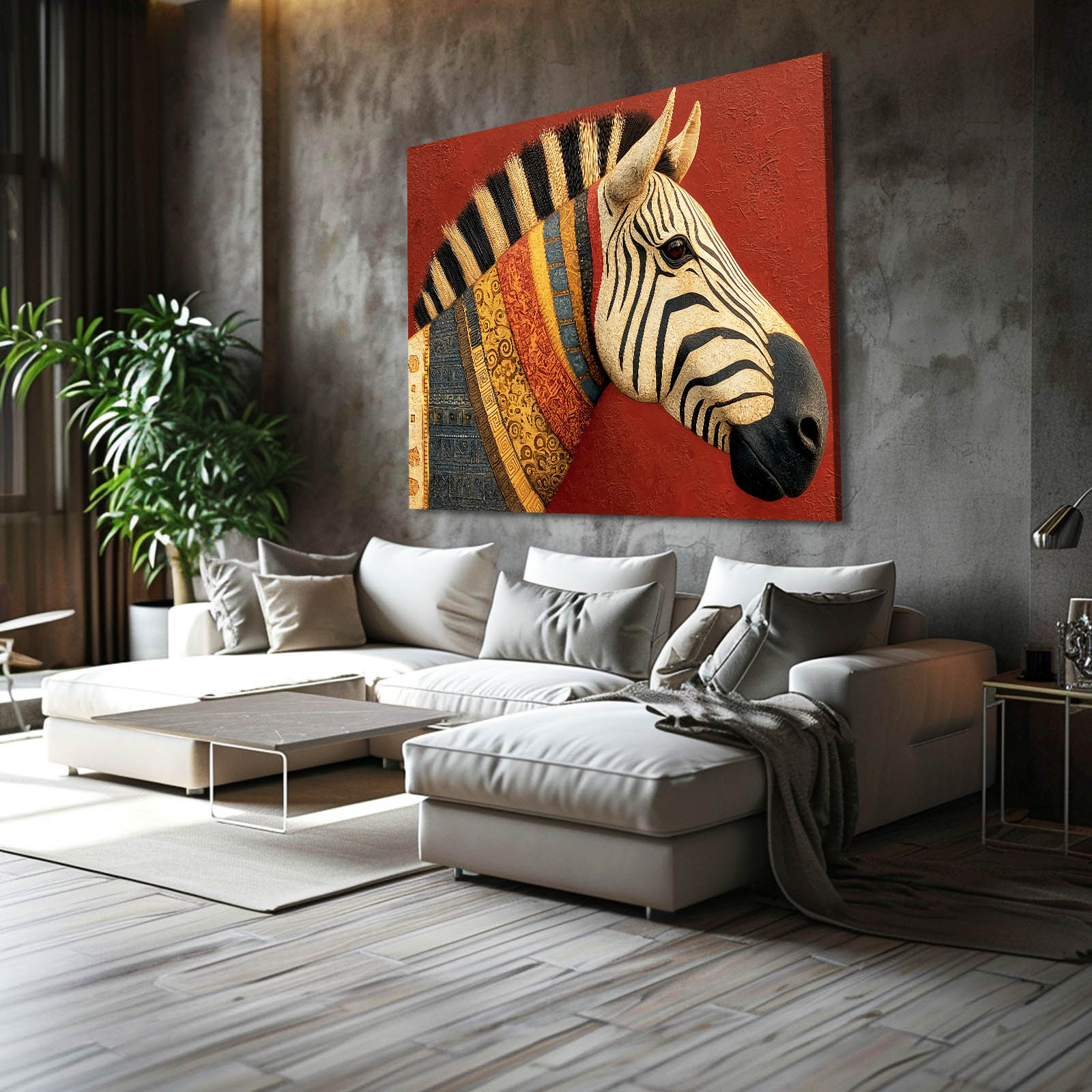 Red Zebra Artwork – styled in a furnished interior