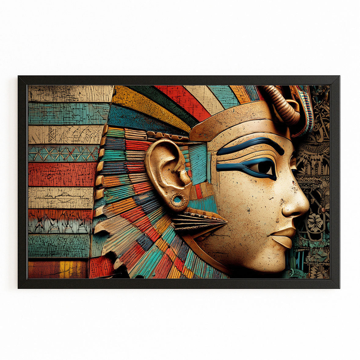 Regal Headdress Portrait Egyptian Wall Art – with Premium Black frame on white background