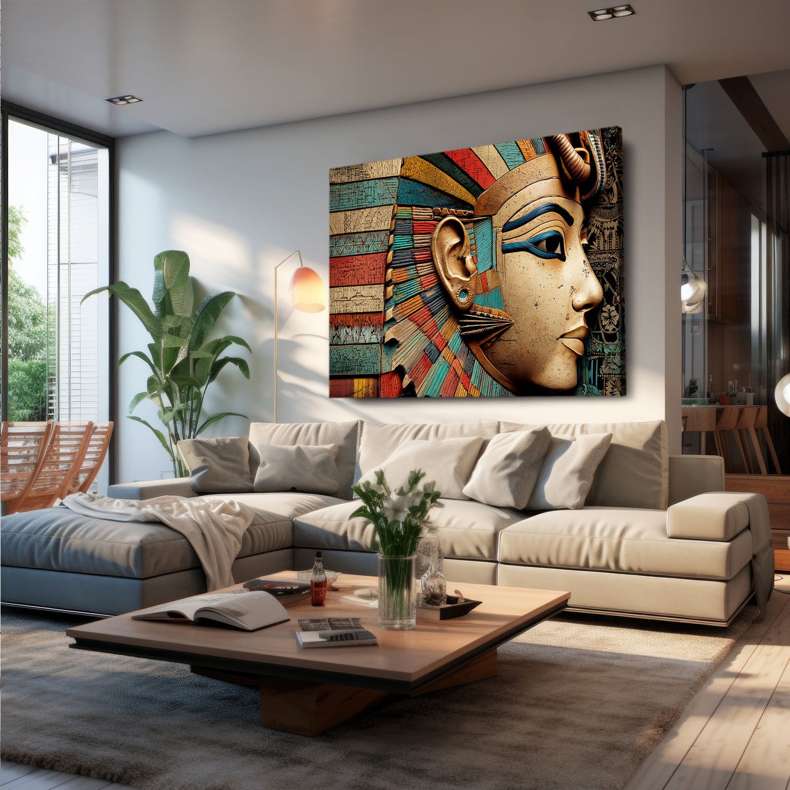 Regal Headdress Portrait Egyptian Wall Art – styled in a furnished interior