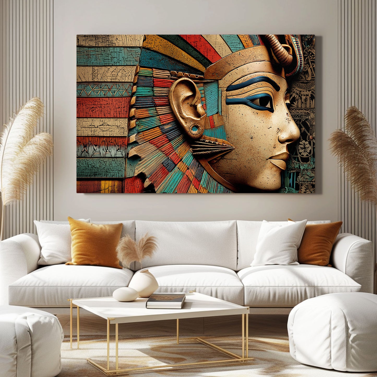 Regal Headdress Portrait Egyptian Wall Art – styled in a furnished interior