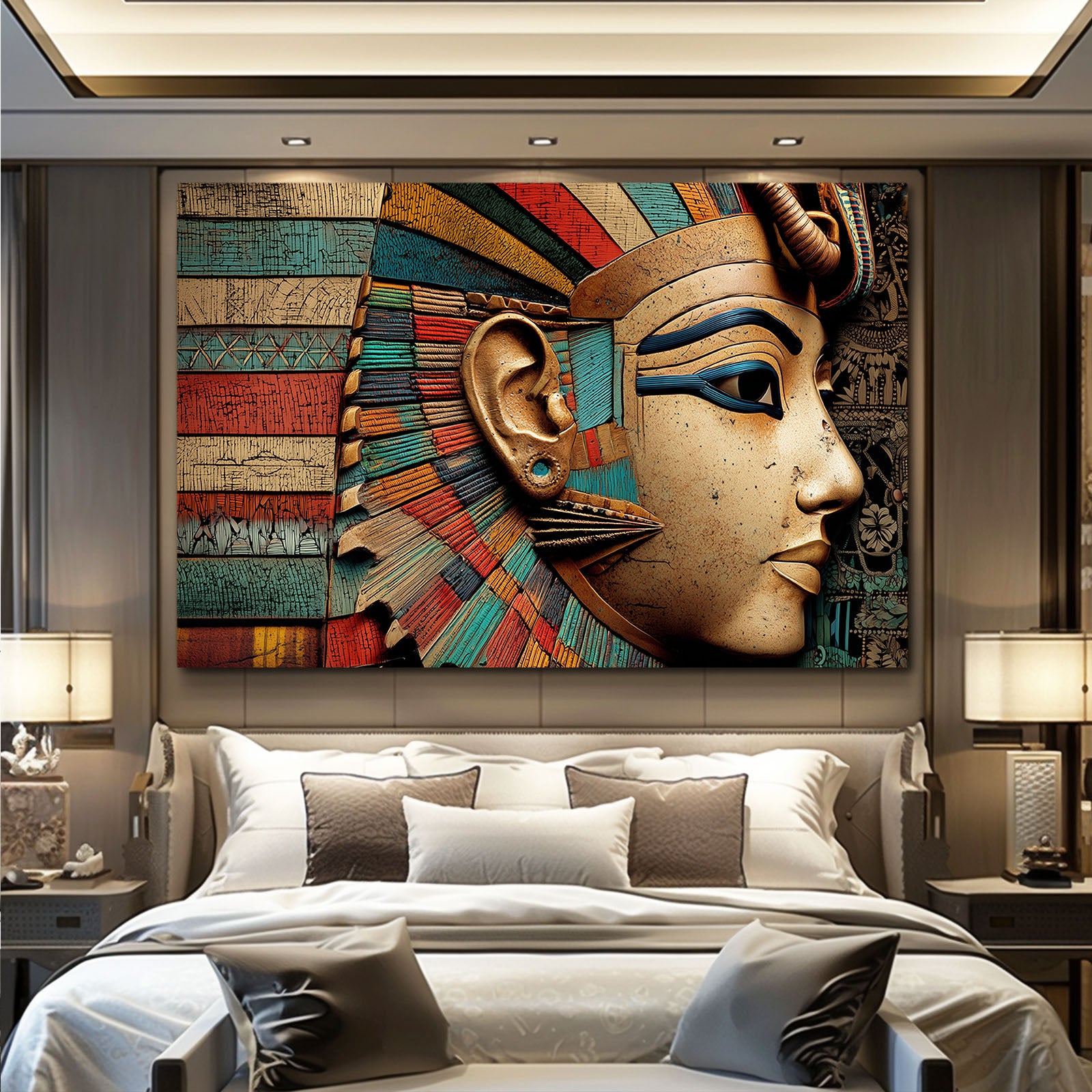Regal Headdress Portrait Egyptian Wall Art – styled in a furnished interior