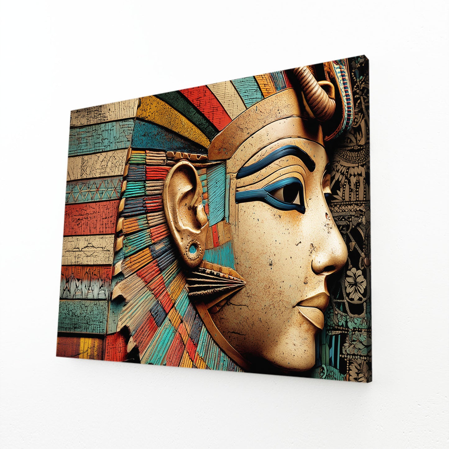 Regal Headdress Portrait Egyptian Wall Art – angled canvas view on white background
