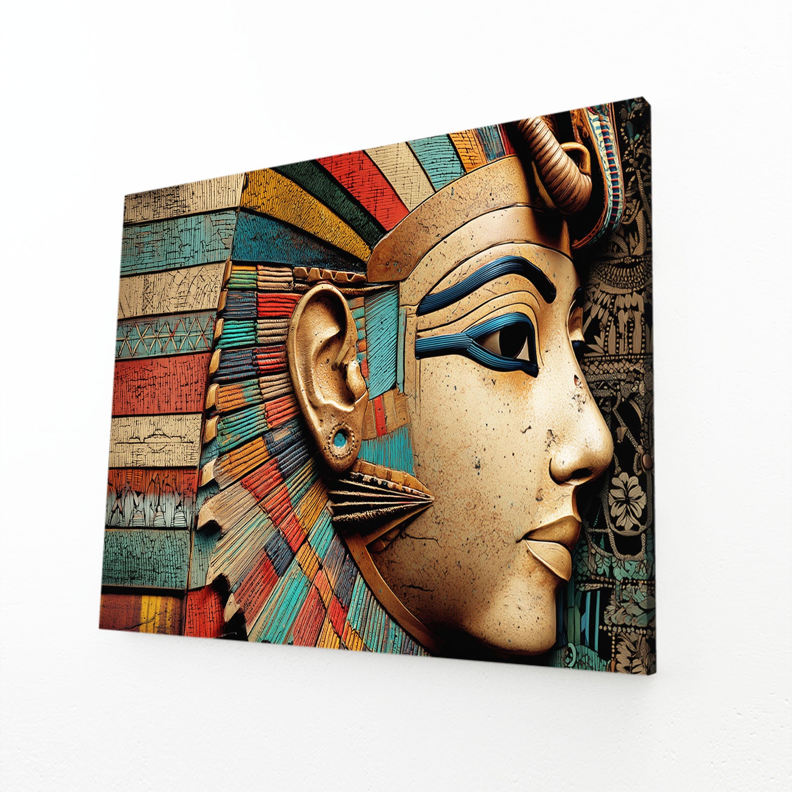 Regal Headdress Portrait Egyptian Wall Art – angled canvas view on white background