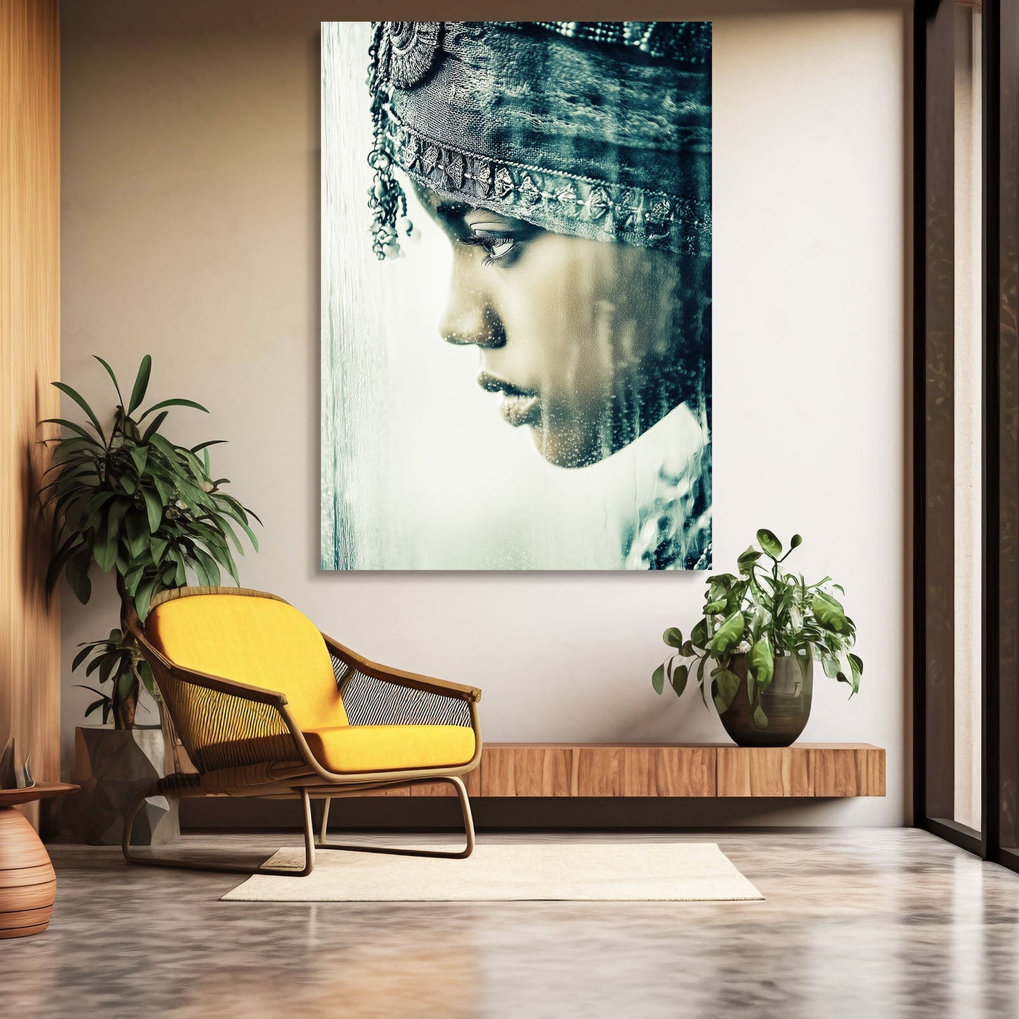 Regal Profile Black and White Photography – above a wood bench with a yellow chair