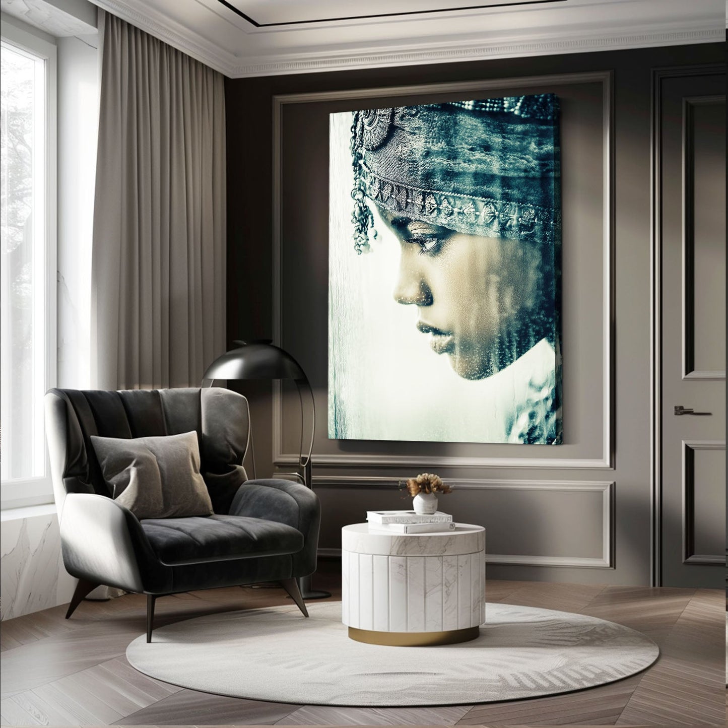 Regal Profile Black and White Photography – beside a grey wing chair in a classic lounge