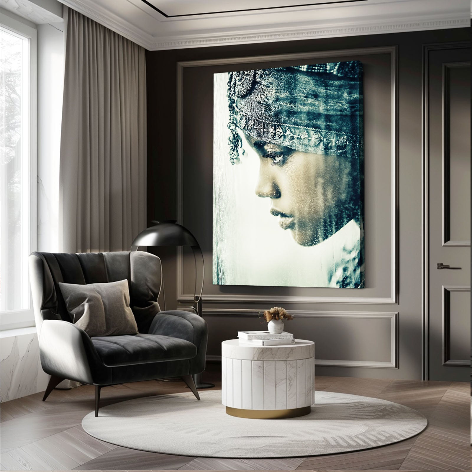 Regal Profile Black and White Photography – beside a grey wing chair in a classic lounge