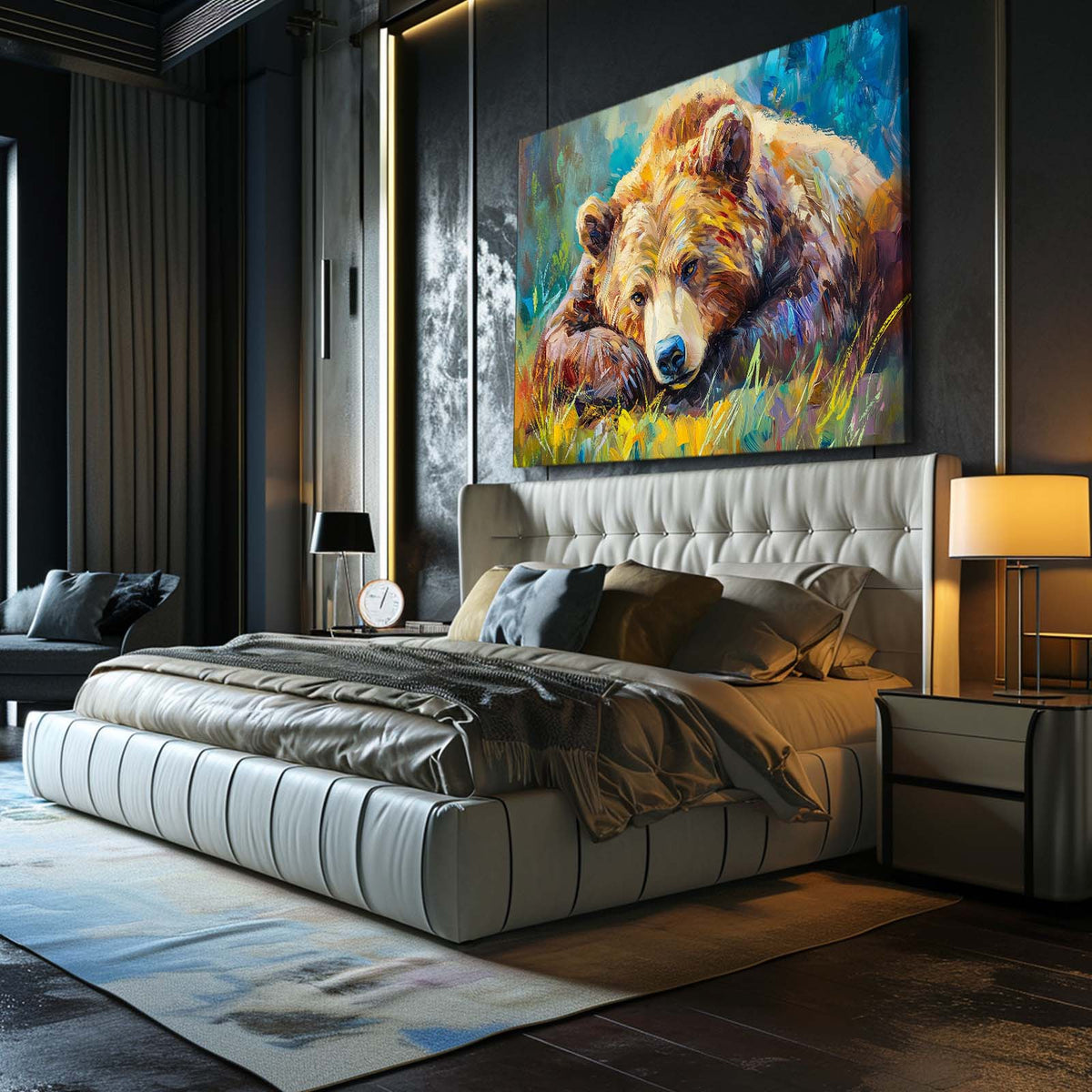 Resting Pair Meadow Bear Art — contemporary canvas print, styled in a furnished interior