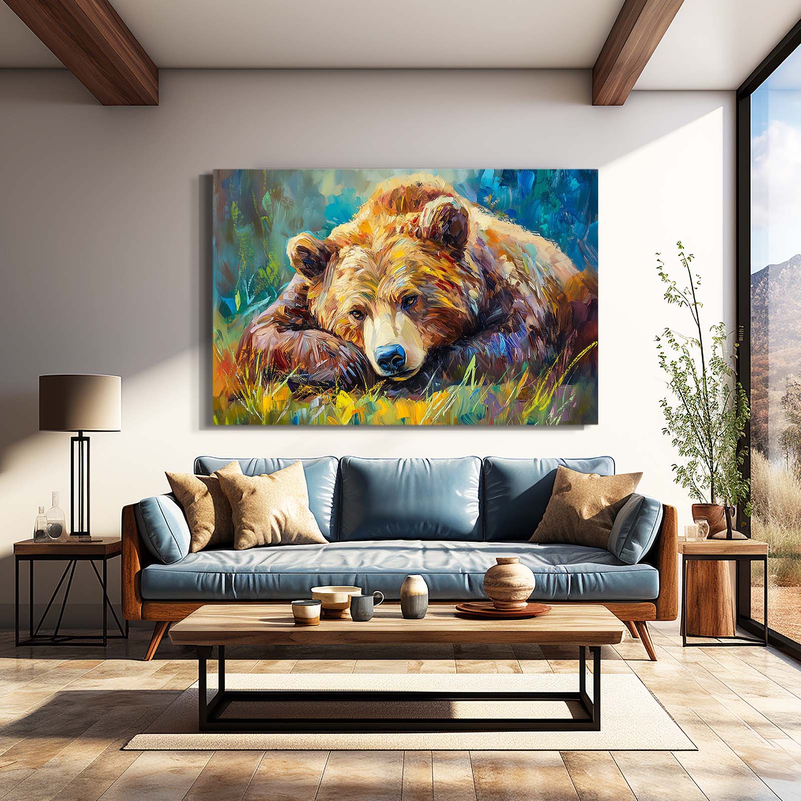 Resting Pair Meadow Bear Art — contemporary canvas print, styled in a furnished interior