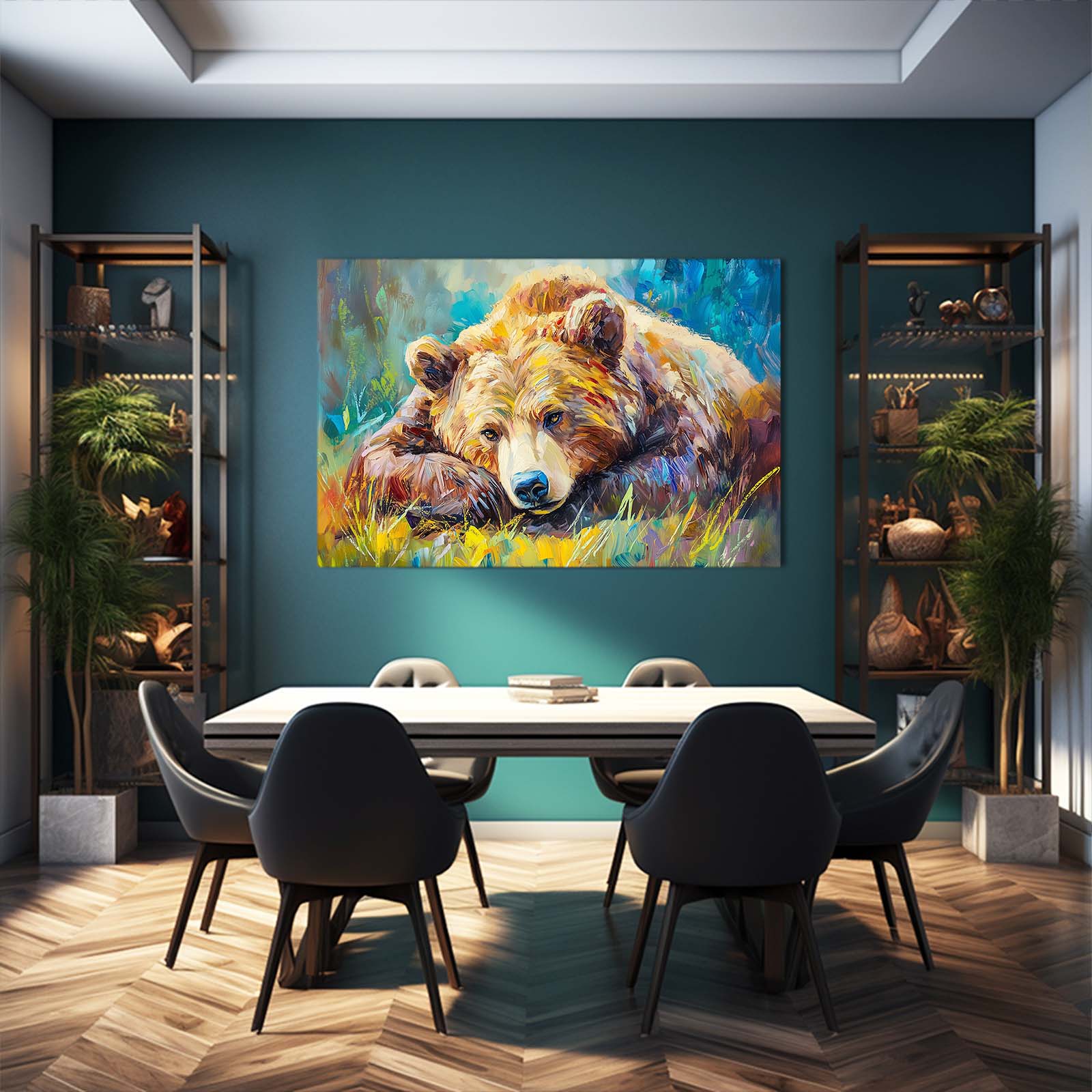 Resting Pair Meadow Bear Art — contemporary canvas print, styled in a furnished interior