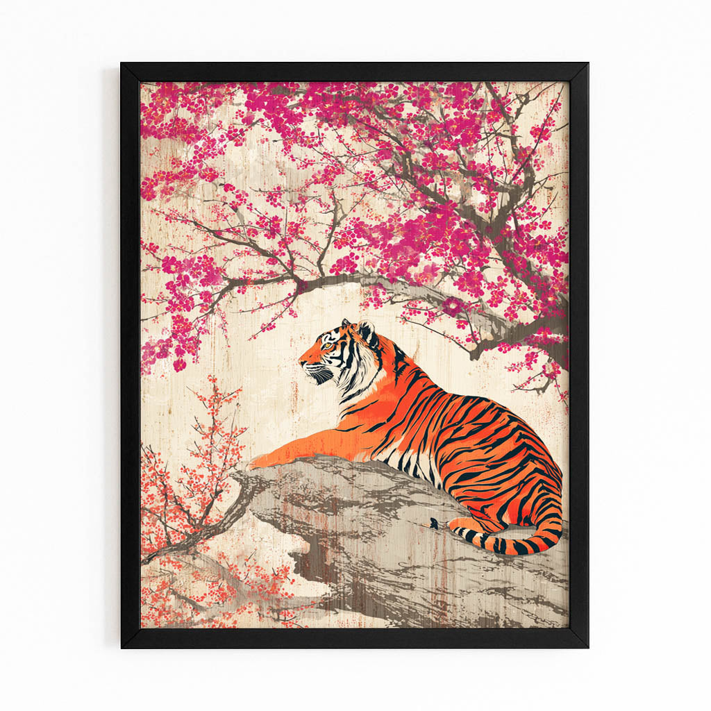 Resting Tiger Cherry Blossom Art – with Premium Black frame on white background