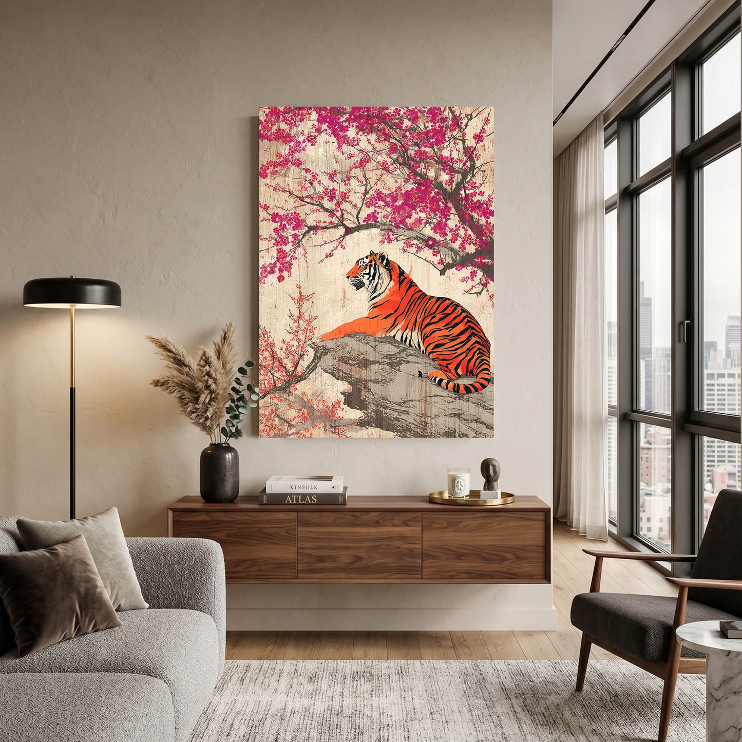 Resting Tiger Cherry Blossom Art – styled in a furnished interior